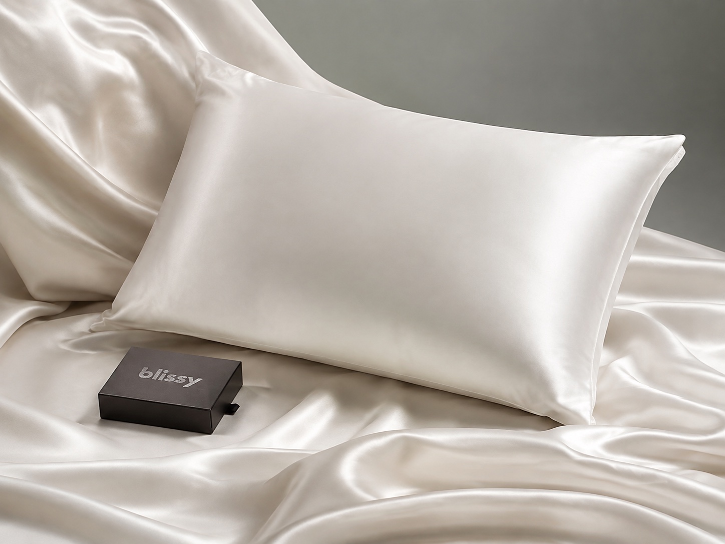 White Blissy silk pillowcase with its gift box