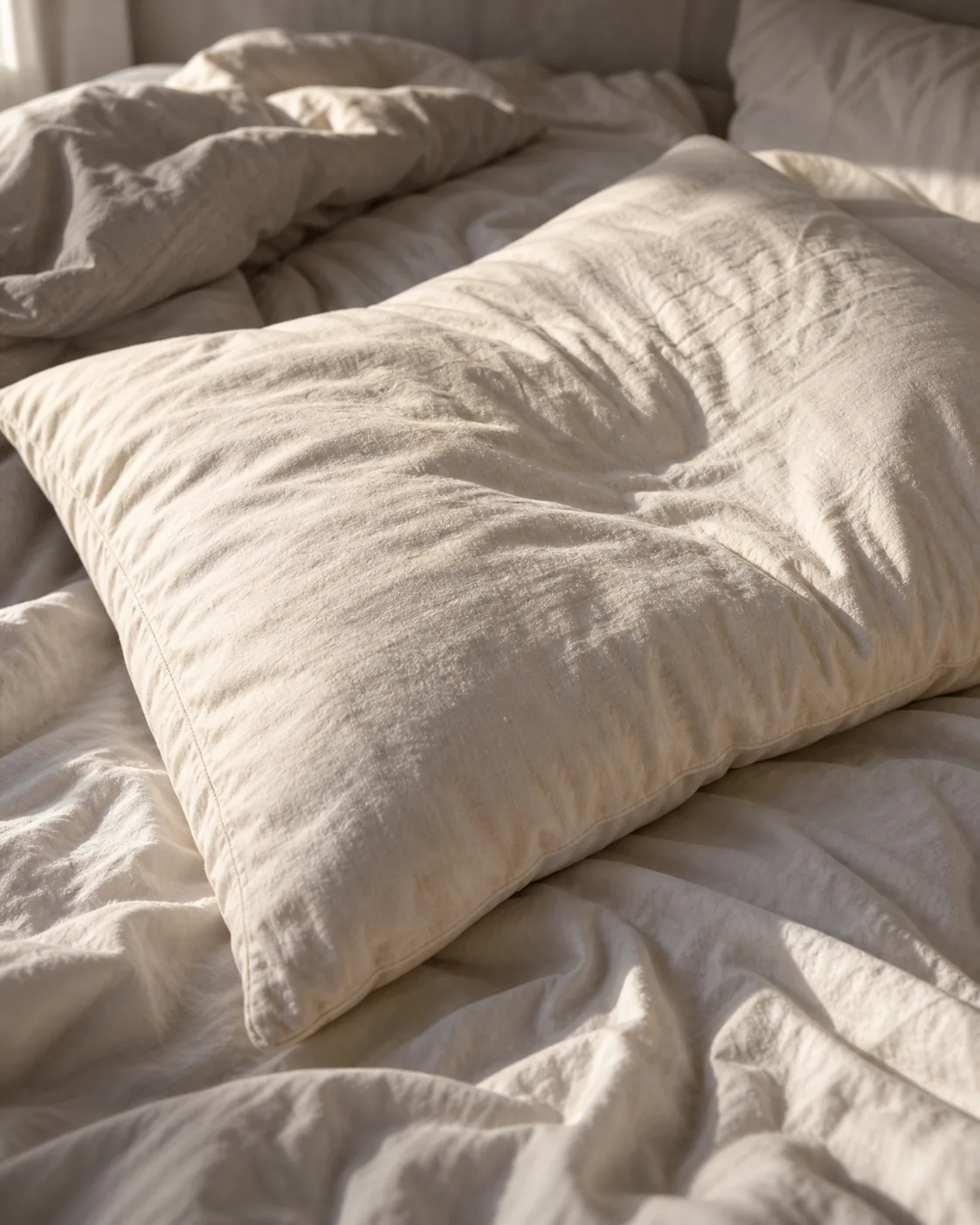 A worn cotton pillowcase with creased, textured fabric